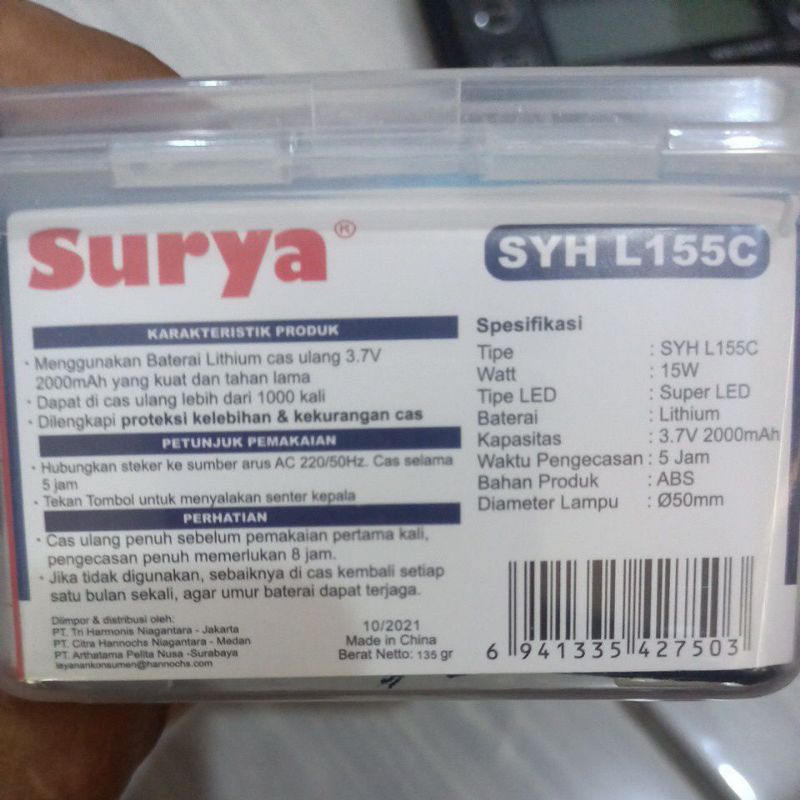 Senter kepala Surya 15watt Led super terang Rainproff SYH L155C