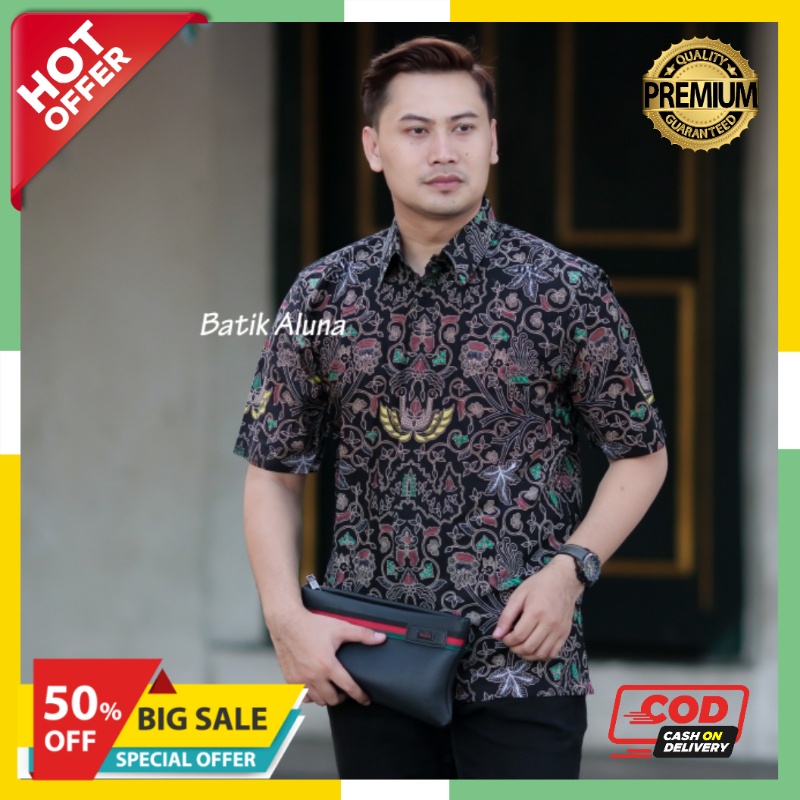 Baju Batik Pria Lengan Pendek Modern Lapis Furing Slim fit Aluna Sragen Original Kemeja Kerja Cowok 