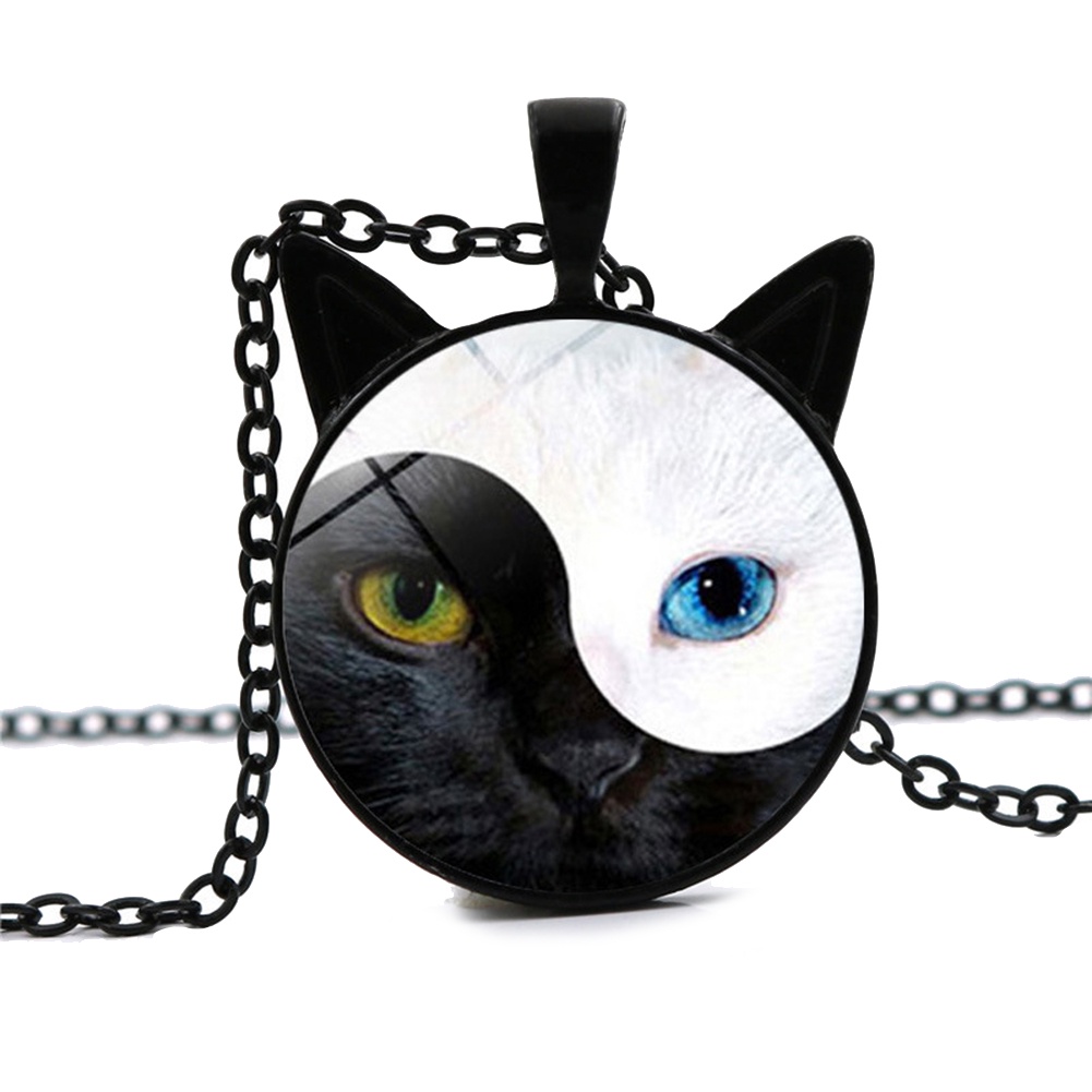 Hu Hu Hu Hu Hu Alat Bantu Pasang Kacamata♡ Kalung Rantai Dengan Liontin Kaca Bentuk Kucing Yin Yang Untuk Wanita