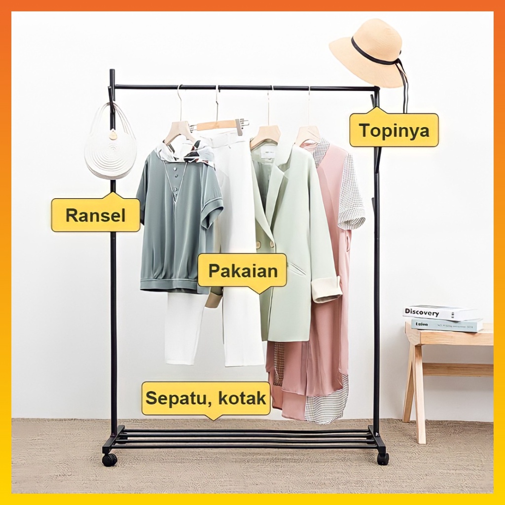 Rak Gantungan Baju Stand Hanger Single beroda Gantungan Baju Stainles Stand hanger Aestetik kuat hingga 30kg WHFURNITURE