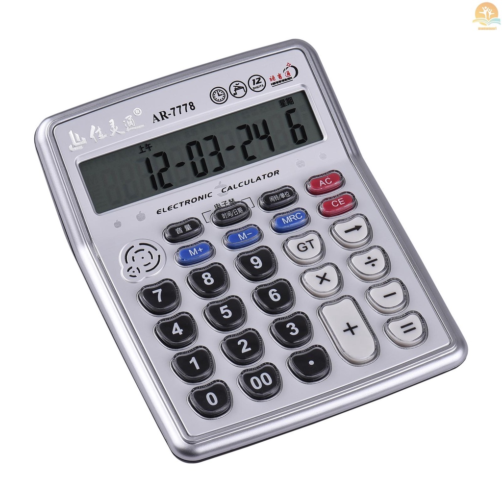 Musical Desktop Calculator 12-Digits LCD Display Electronic Calculator Counter Big Buttons with Music Piano Play Time Date Show Alarm Clock Function for Office Business Classroom Home Supplies