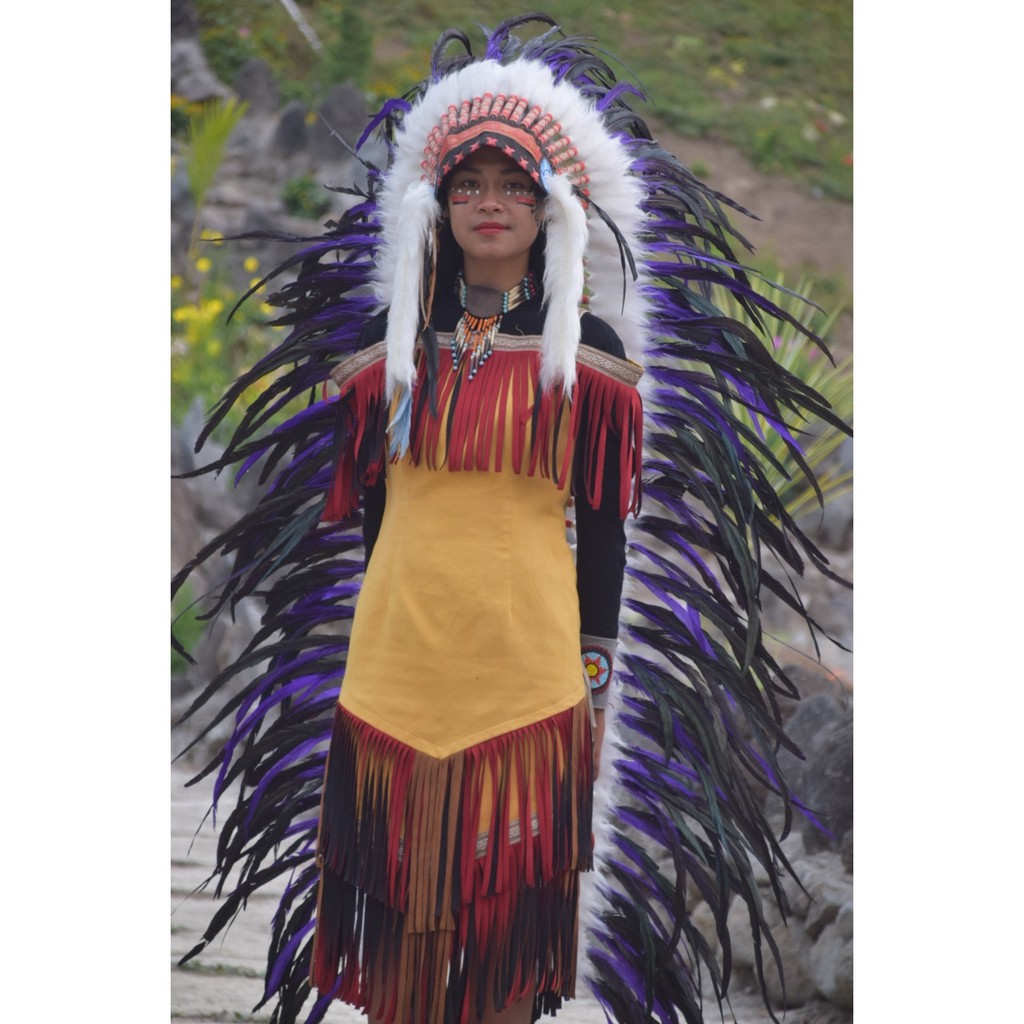 TOPI INDIAN - INDIAN HEADDRESS LONG AYAM BILABONG UNGU FUR PUTIH