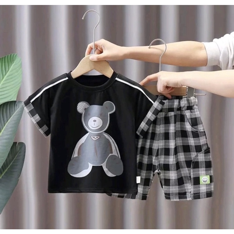 kaos anak baju setelan anak motif laki laki dan perempuan panda kotak pendek 1-5 tahun