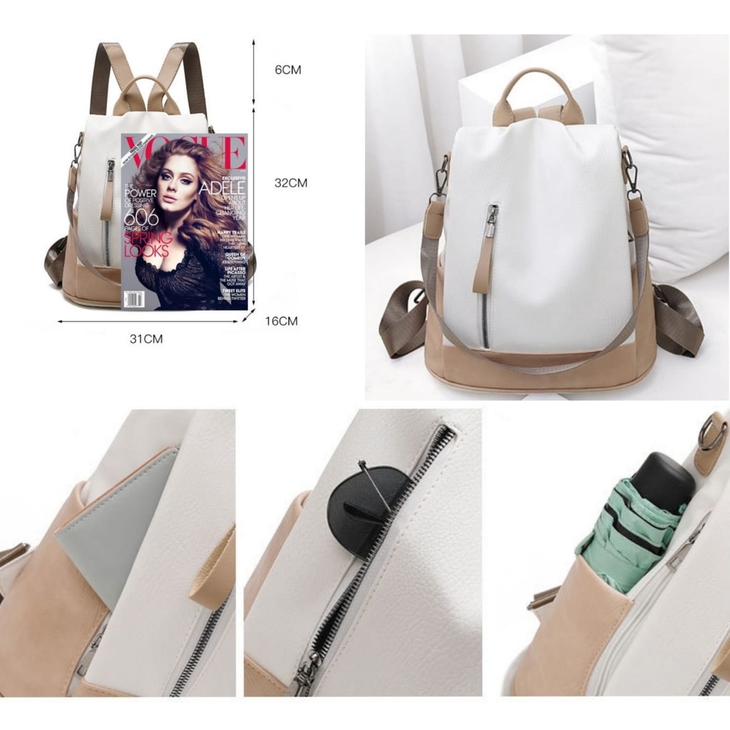 TAS RANSEL WANITA KULIT IMPORT COKLAT KREM LILIAN BACKPACK TA510C3 SEKOLAH CEWEK PREMIUM KOREA KULIAH KERJA GENDONG MURAH BESAR PUNGGUNG REMAJA KEKINIAN