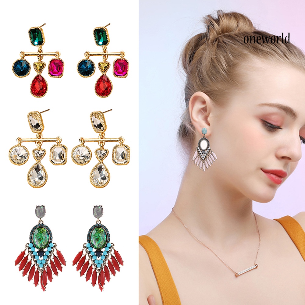 OW# Baroque Women Rhinestone Inlaid Geometric Dangle Ear Stud Earrings Party Jewelry