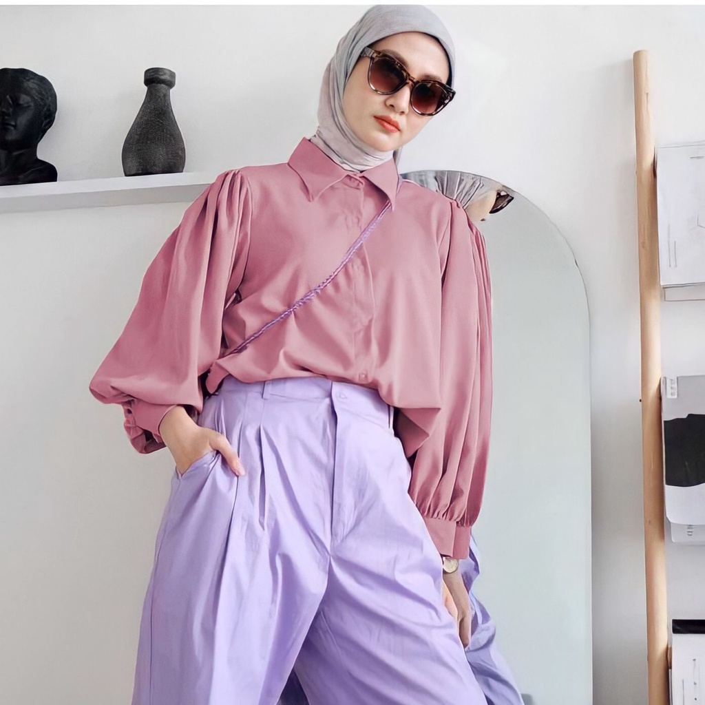 AUDRY RUFI BASIC SHIRT BLOUSE WANITA / KEMEJA POLOS PUTIH LENGAN BALON