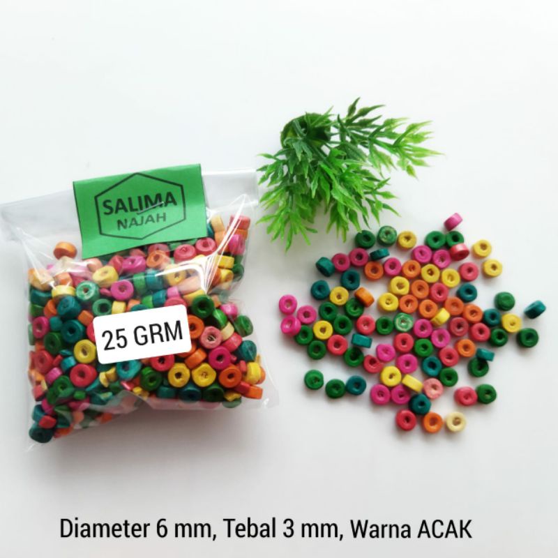 Manik Kayu TABUNG PIPIH WARNA ACAK 6 mm isi 25 gram. Manik Spacer Aksesoris Mote