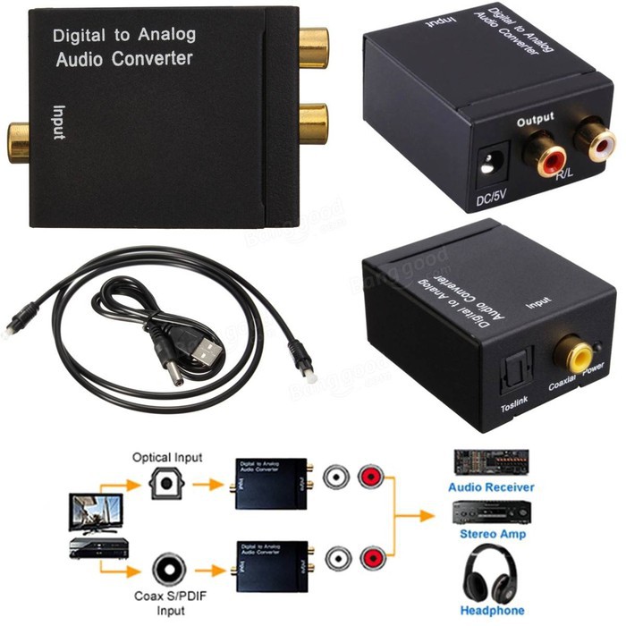 Digital To Analog Audio Converter Optic Coaxial Toslink to RCA L/R