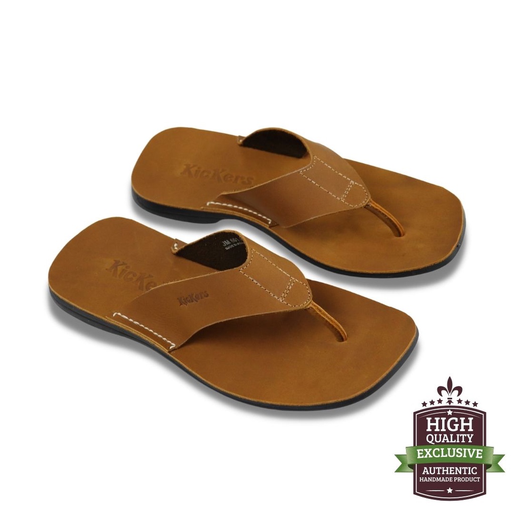 Sandal Jepit Pria Full Kulit Sapi Asli Slide Sandal Casual Pria 602 Tan