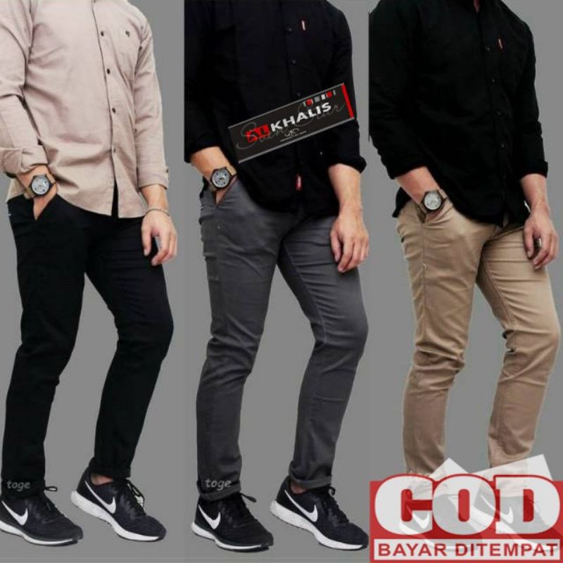 Celana Panjang Reguler Chino/Cino/Chinos Pria/Cowok Standar - Krem(Cream)/Abu(Grey)/Hitam(Black)