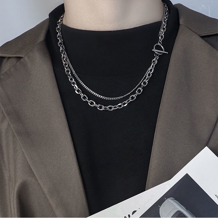 Jepang dan Korea ins double-layer kalung sederhana hip hop titanium baja PL rantai sederhana all-mat