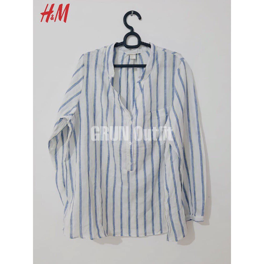 H&M | Kemeja Wanita Oversize Linen Blue Stripe Long Shirt Linen Pocket Oversize