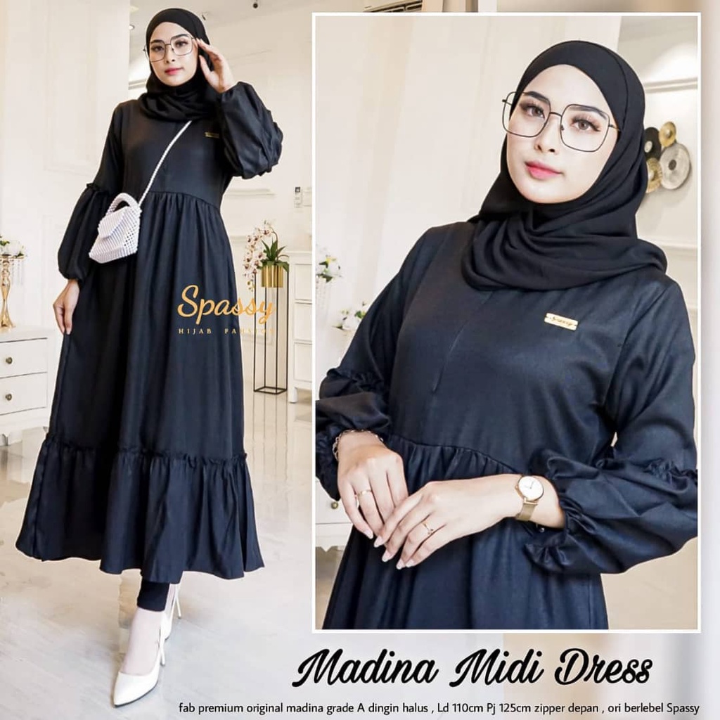 Madina Midi Dress Gamis Busui Lengan Balon Dress Maxi Jumbo Polos Pakaian Wanita Korean Style Model Terbaru