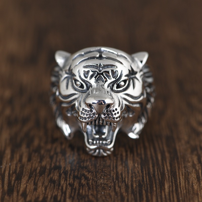 Cincin Model Terbuka Desain Kepala Harimau 3D Gaya Retro Untuk Pria