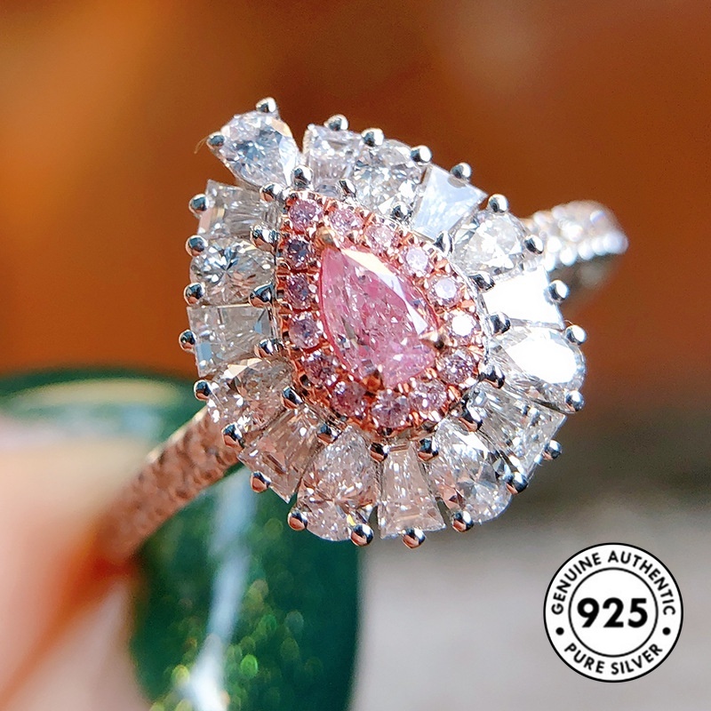 Cincin S925 Silver Bentuk Water Drop Aksen Berlian Warna Pink Untuk Wanita