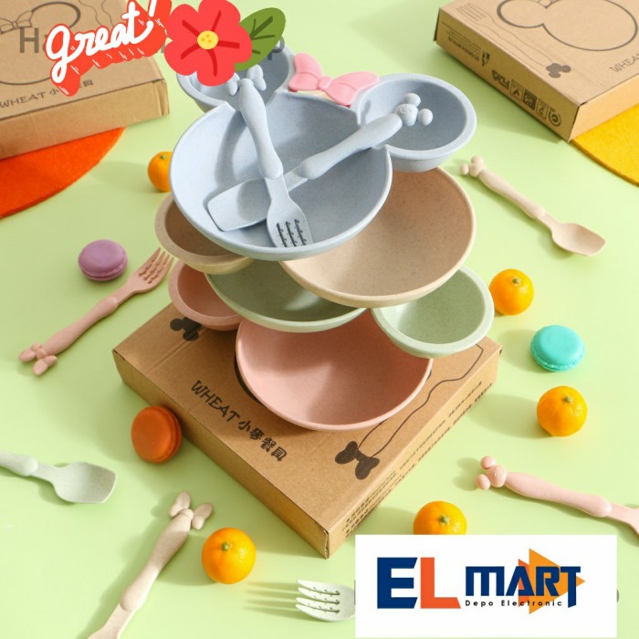 Elmart Piring Mangkok Karakter Mickey Minnie Set Wheat Straw Jerami