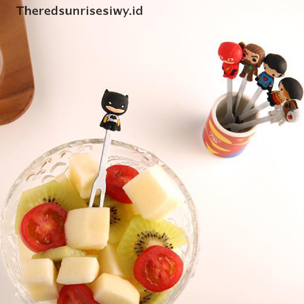 # Alat Rumah Tangga # 6pcs / Set Garpu Buah Desain Kartun Hero Bahan Stainless Steel Dengan Holder