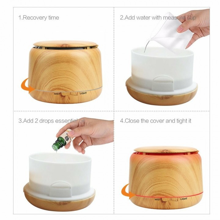 H23 Wooden Humidifier Aroma Diffuser 7 Color LED Light 300ml Brown