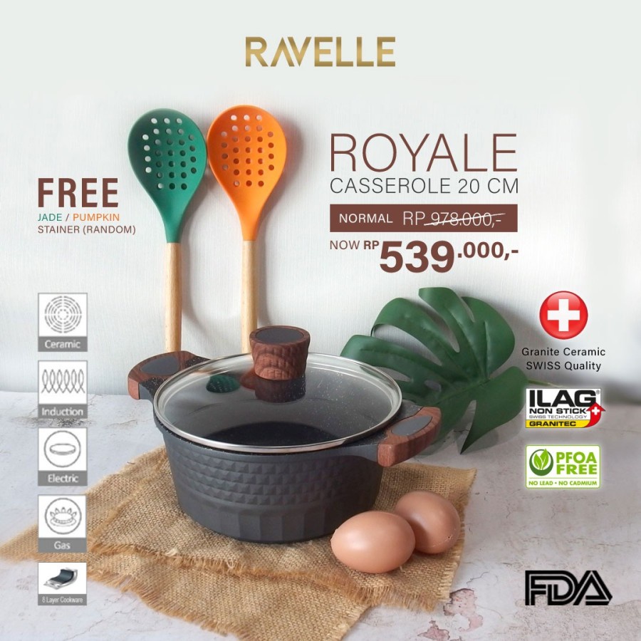 RAVELLE ROYALE Casserole with Lid 20 Cm/24 Cm Panci Dengan Tutup Kaca