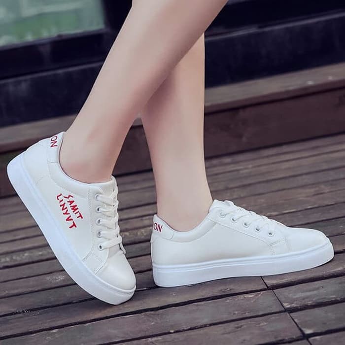 Tjhay® Inspire Sneakers Polos Sepatu Kets Casual Modis Wanita Tulisan Saint Lavren Warna Putih Merah
