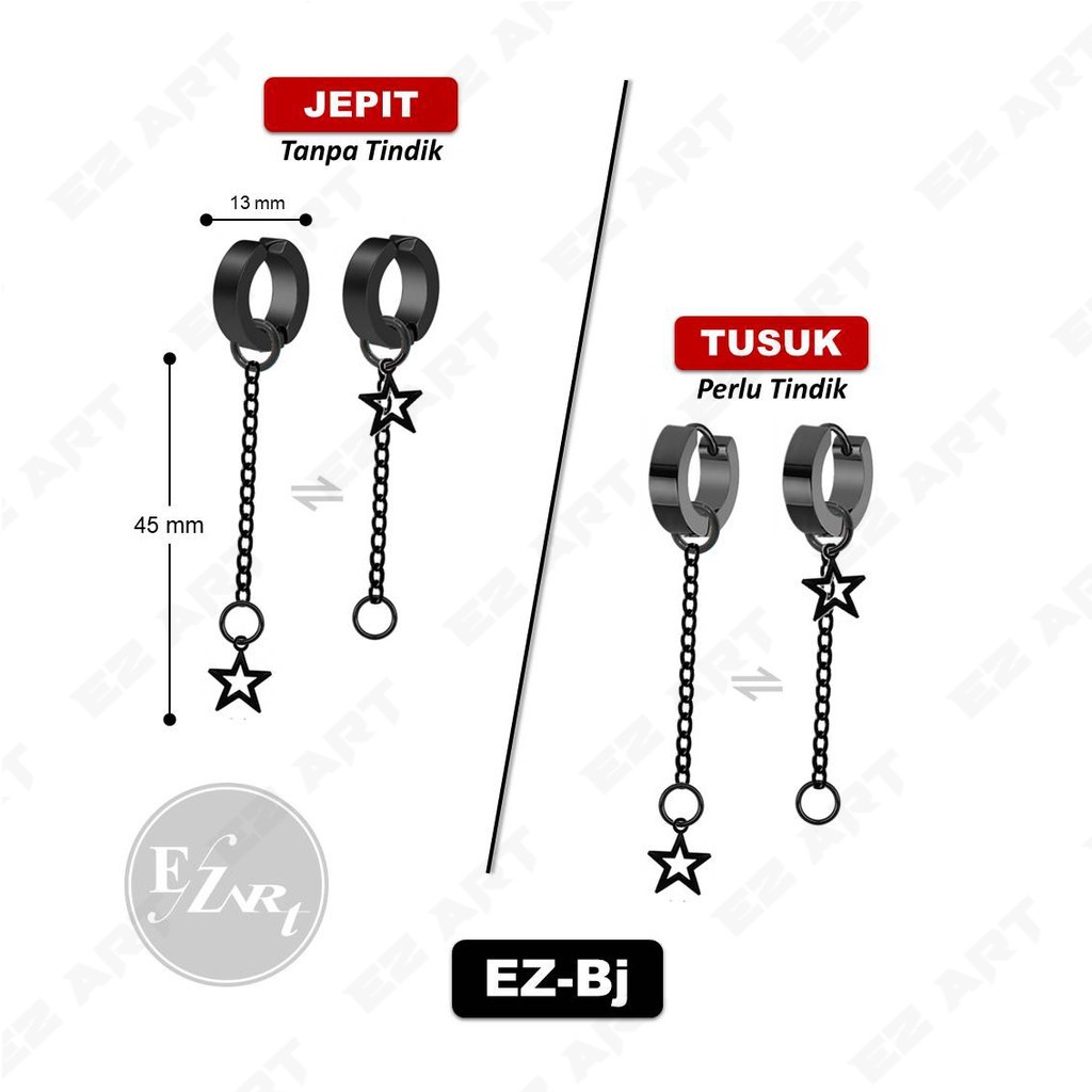 1Pc EZ-Bj Anting Bintang Hitam Pria Wanita Jepit Tusuk Kombinasi Rantai Panjang Stainless