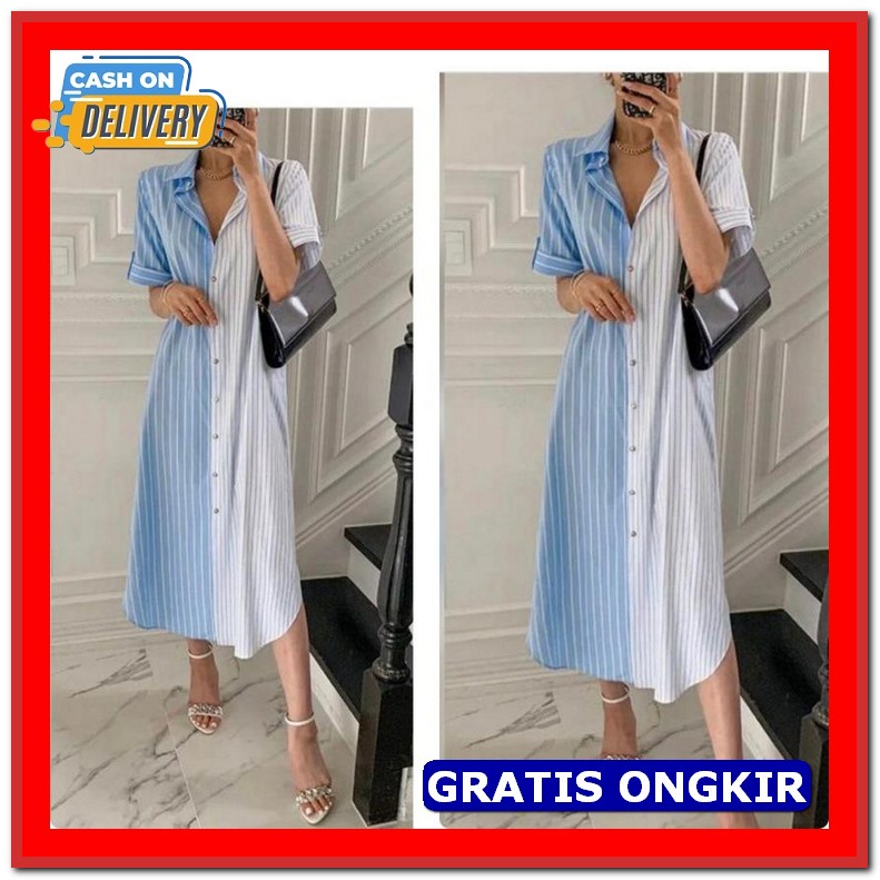 Zaza_Fashion Dress Wanita Gaya Korea 2023 Import Real Pict / Dress Wan Tunik 2Tone Strip [Dress 01