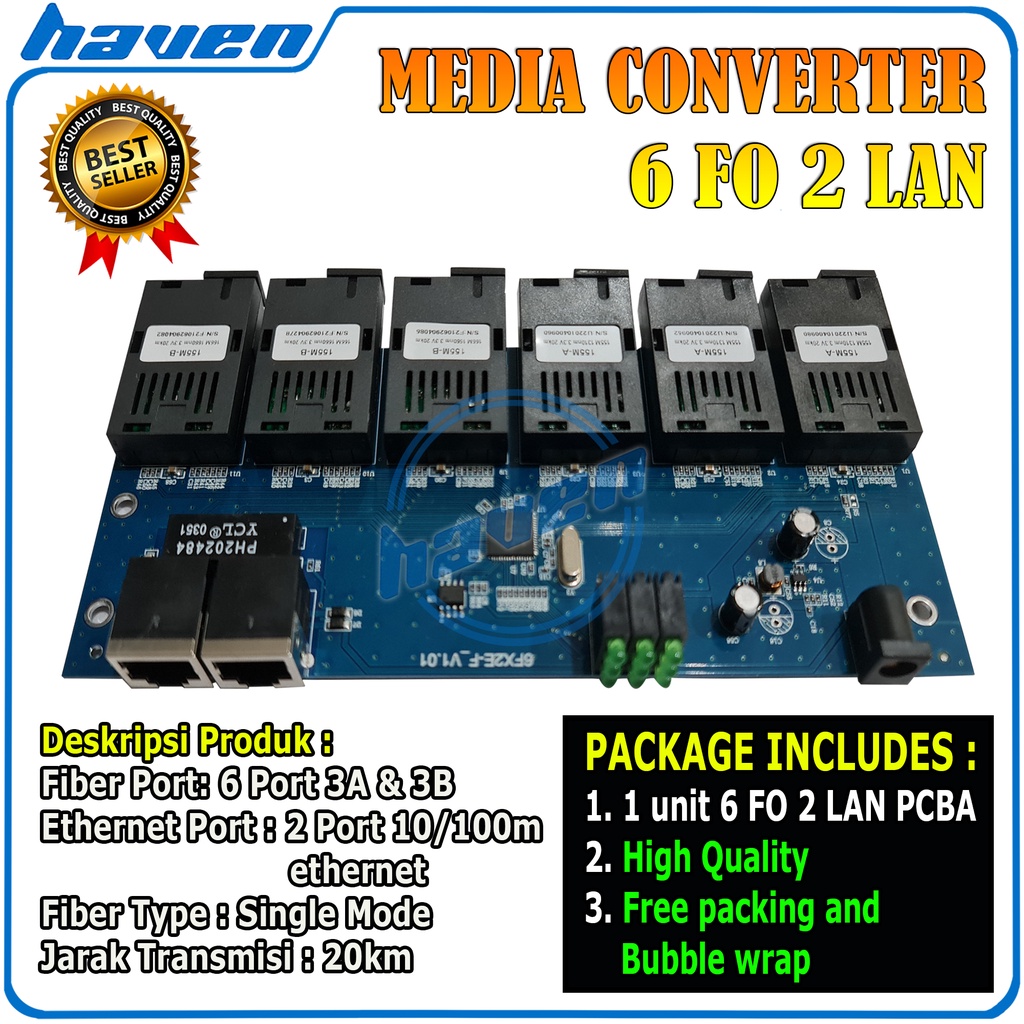 Media Converter 6 Port FO 2 Port LAN Switch Fiber Optic 100 Mbps PCBA