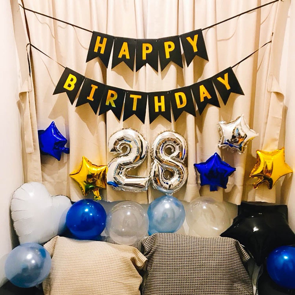 [PAKET] BIRTHDAY Set SIMPLE BLUE GOLD BANNER Dekorasi Backdrop Ulangtahun