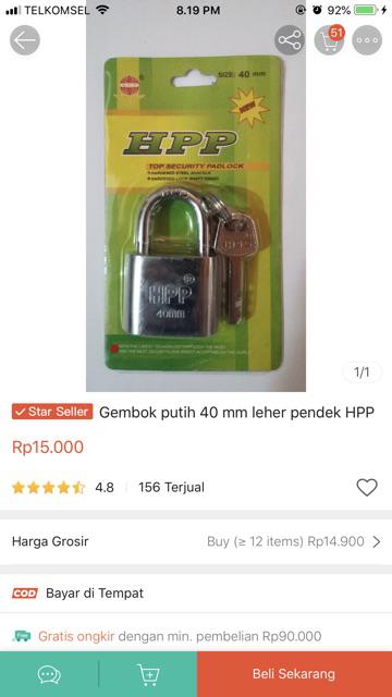Gembok Putih 40 Mm Leher Pendek Hpp