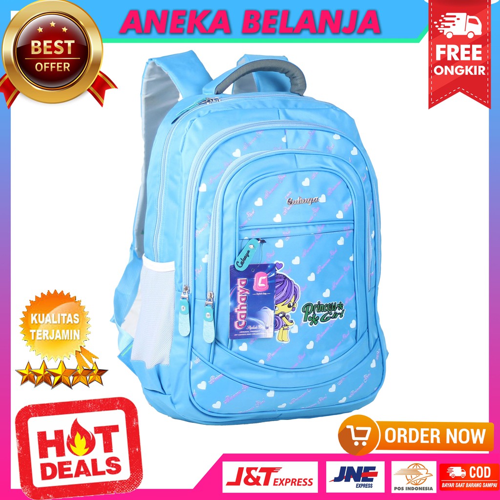 Tas Gendong Cahaya Princess Biru Cewek Ransel Sekolah SD SMP Free Raincover Berkualitas Tas Sekolah