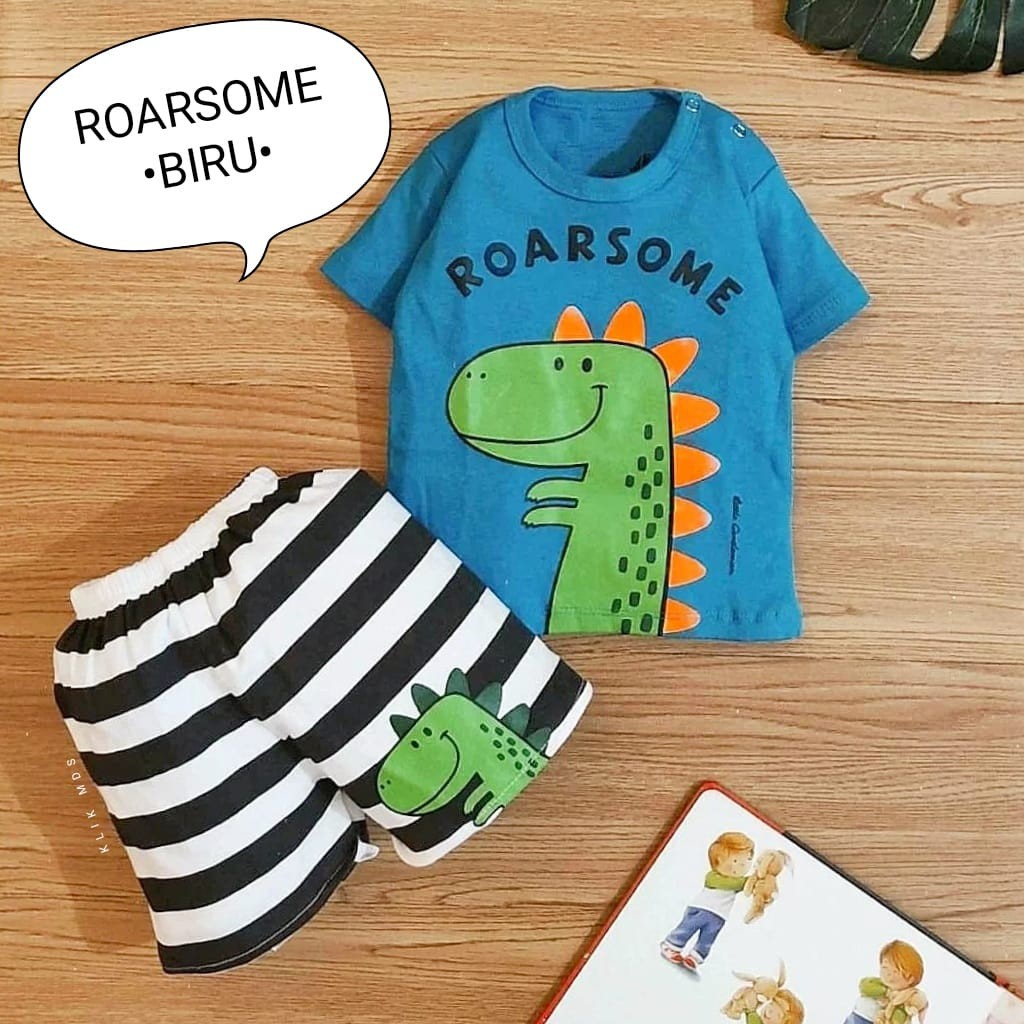 Klik Mds Setelan Baju Anak Bayi Laki-laki Atasan Dan Celana Motif Karakter Roar Some Dino / 1 Ukuran