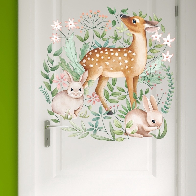 New Waterproof Nordic Style Sika Deer Rabbit Pattern Pvc Wall Stickers for Kids Room Living Room Decoration