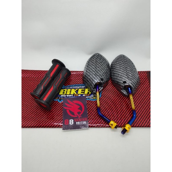 Paket Kulit Jok Karbon Thailand Universal + Handgrip Tulisan Thailand + Spion Honda Beat Karbon Twotone - Paket Variasi Motor Beat Vario Scoopy Supra Blade Revo dan lainnya