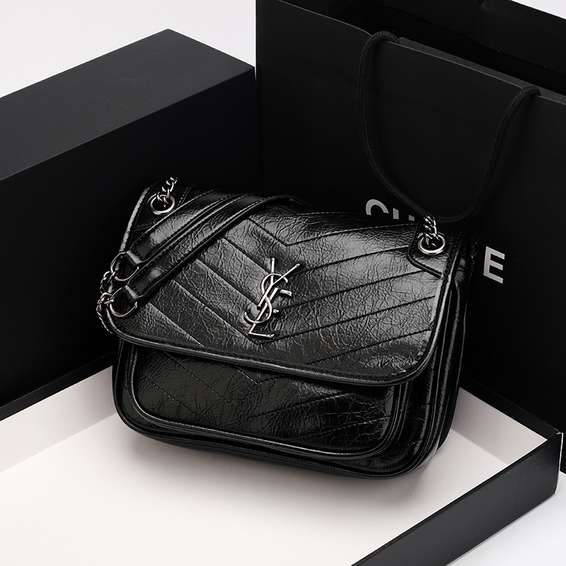 Niki Minyak Lilin Kulit Crossbody Rantai Tas Wanita Kulit Asli Tas Wanita Messenger Tas Pleated Berb