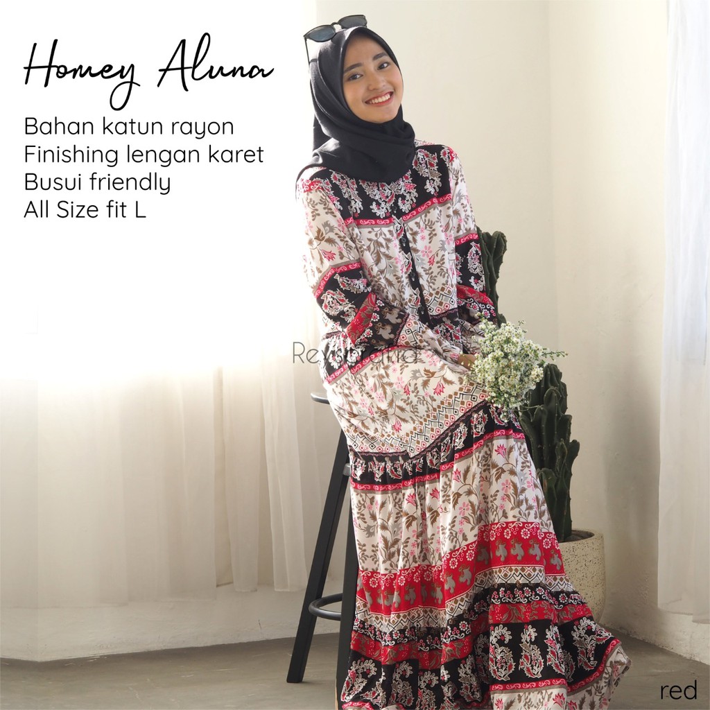 Homey Dress Aluna By Reyscarf Gamis Dewasa Luxury Bahan Rayon Viscose Premium Exclusive Adem Nyaman Dipakai  I  Bisa Cod