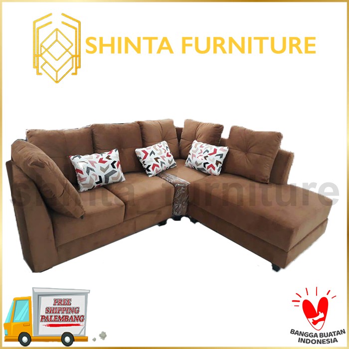Sofa L Veronica / Sofa Bludru Coklat / Sofa L Minimalis Ruang Tamu
