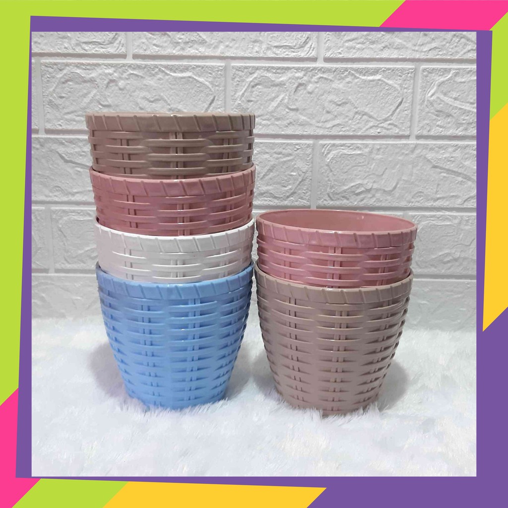 1092D1 / Pot bunga plastik warna anyaman bambu / Pot tanaman hias