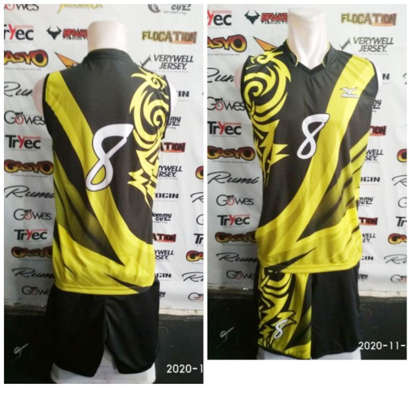 Stelan kostum baju celana voli mizuno singlet bahan kaos kensi volly tebal pe super printing terbaru