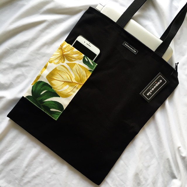 Tote bag black &amp; greenyellow leaf