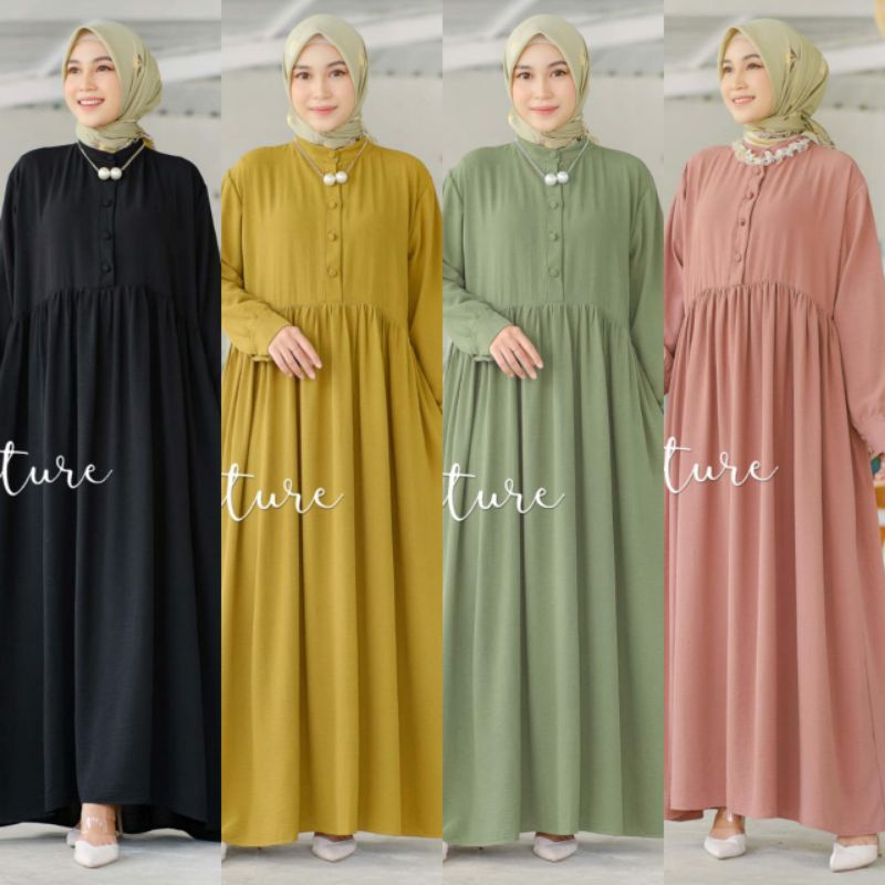 Tulus Signature Meta Dress / Maxi Dress Wanita Muslim Jumbo Crinkle Airflow Premium Motif Polos Busu