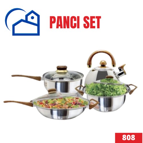 Panci Set Wajan Penggorengan Stainless steel with Teko dan tutup kaca Set 808