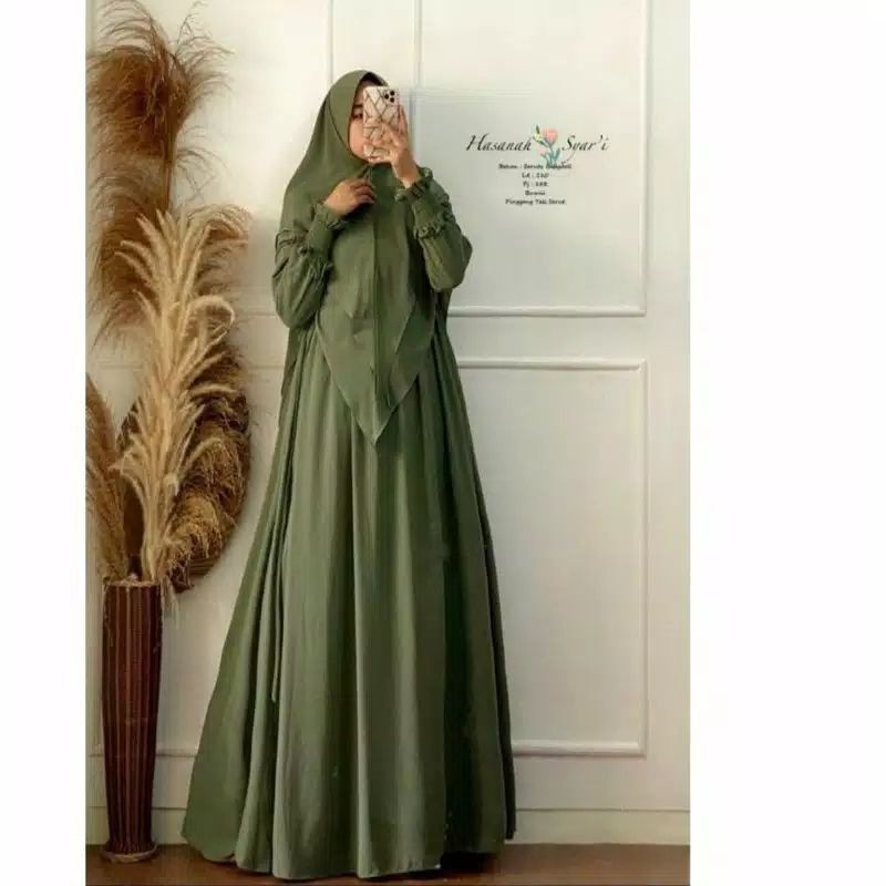 Gamis syari hasanah bahan ceruty baby doll premium full furing / busui / resleting-Army soft