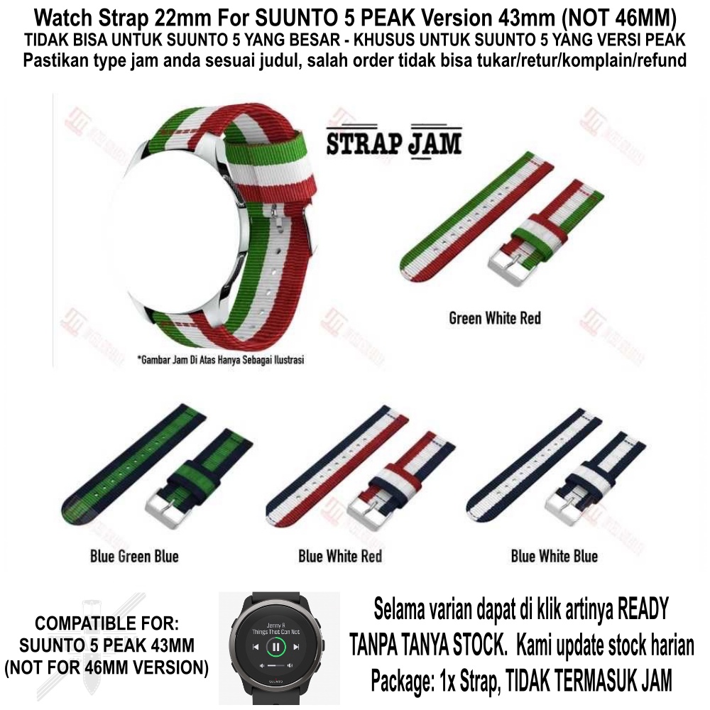 Strap Suunto 5 Peak 43mm (VERSI PEAK) - Tali Jam 22mm Nylon Nilon 3 Baris Warna