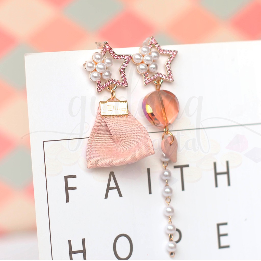 Anting Stud Pink Shinny Star Pearl Mutiara Bintang Asimetris Panjang Unik GH 203605