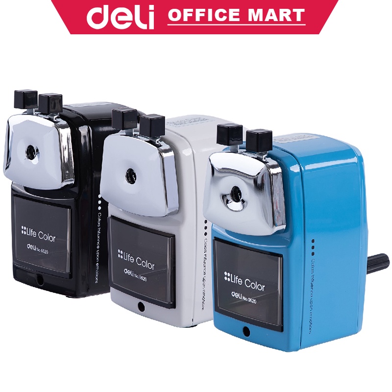 Deli Rautan Pensil Putar Rotary Serutan Pensil Putar Pengserut Putar Manual Hitam Putih Biru Sharpener Rotary Pencil Sharpener