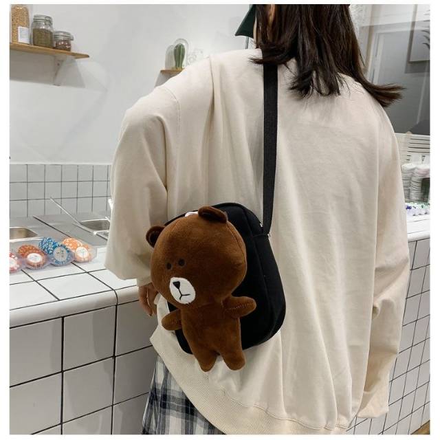 BTH16011-BROWN TAS SELEMPANG LUCU KARAKTER LINE KEKINIAN