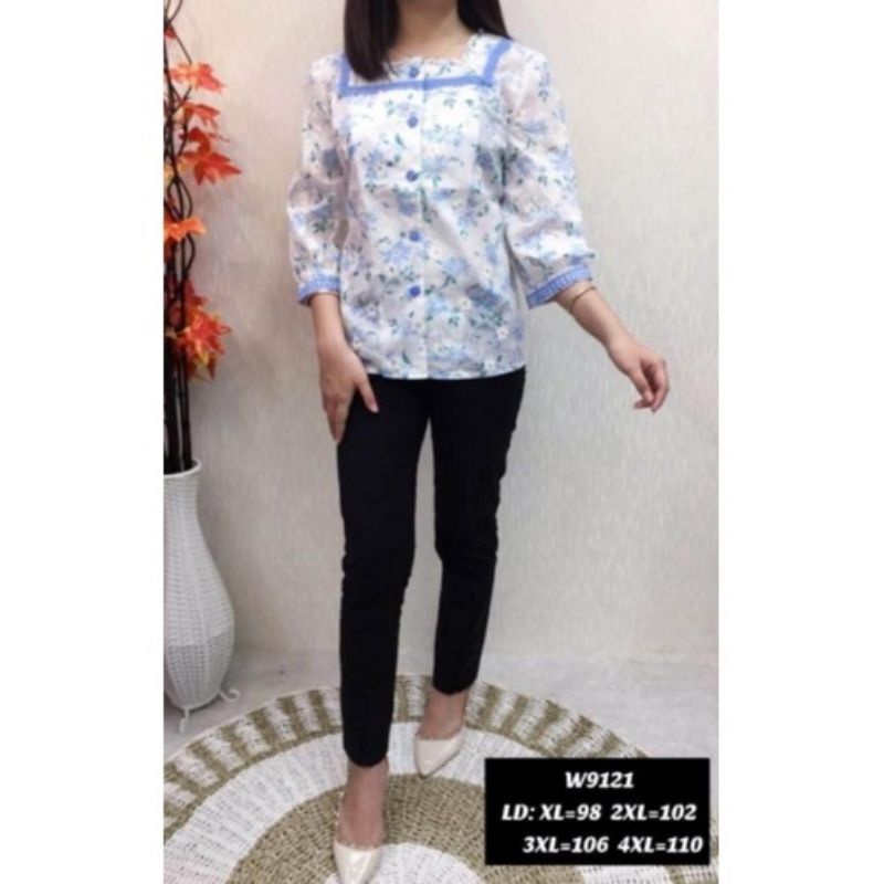 ATASAN KATUN BOLONG CHIBI BORDIR MOTIF BUNGA DAN LIST BROKAT IMPORT (BIRU)