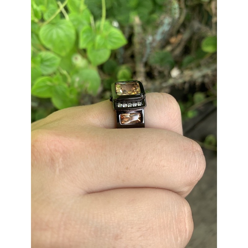 Cincin Pria Batu Smoky Quartz Champagne Minimalis Modern Elegan Ring Hitam Anti Luntur dan Karat