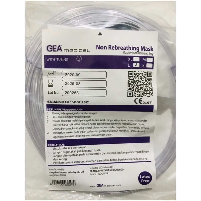 Non Rebreathing Mask / Maskee Oksigen Reservoir / NRM Dewasa &amp; Anak GEA