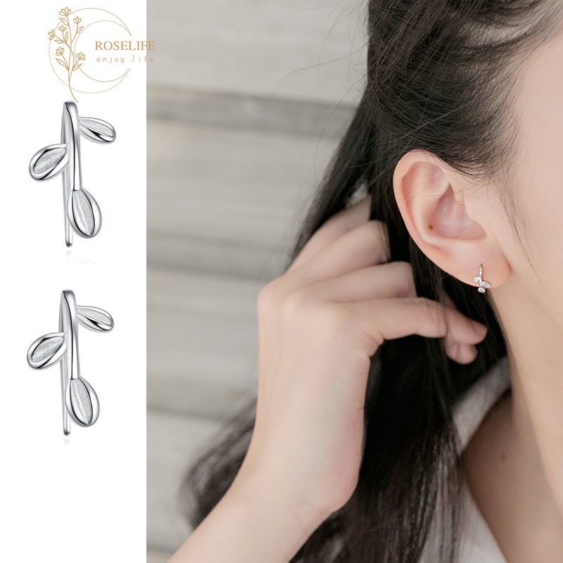 Roselife S925 Silver Leaf Sprout Stud Earrings 1 Pair for Women Girl Simple Fashion Jewelry